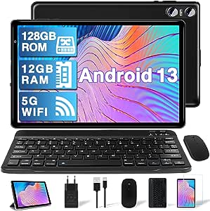 YESTEL Tablet 10 Pollici Android 13 OS con 5G WiFi, Processore 2.0 Ghz, FHD Tablet 2 in 1,12GB RAM 128GB ROM (TF 4-1TB), Octa-Core, 6000mAh, 5MP+8MP, Bluetooth 5.0, Tablet con Tastiera, Nero