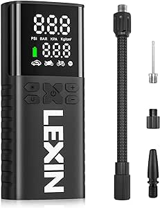 LEXIN P4 Compressore Aria Portatile, Portable Electric Air Compressor 150PSI 4000mAh, 4 modalità Mini Compressore Lampada LED, Nuovo 2024 Portable Air Pump per Auto/Bici/Moto/Pallone (Nero)