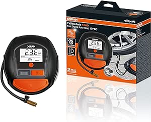 OSRAM OTI1000 TYREinflate 1000, Pompa elettrica Digitale Stop e Luce a LED, compressore Auto Portatile 12V, Alimentazione Tramite accendisigari, gonfiaggio Pneumatici in 2 min